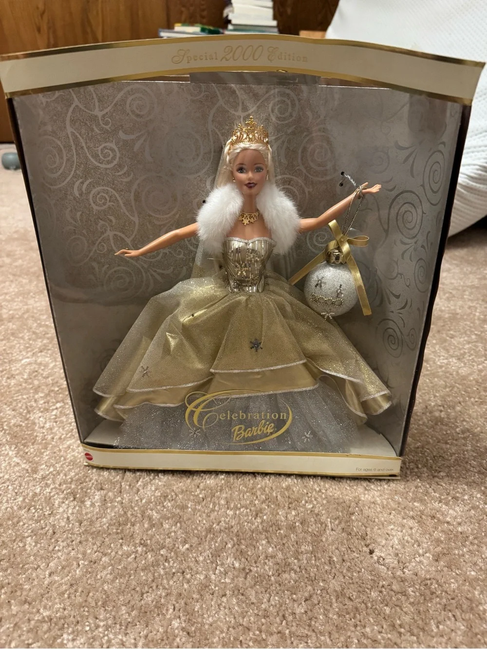Barbie Gold Celebration Party Doll with White Fur and Ornament